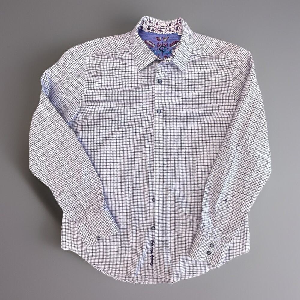 Robert Graham Classic Fit L Long Sleeve Shirt Purple Trim Plaid Flip Cuff Aztec